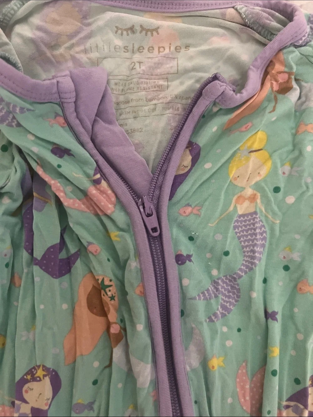 Little Sleepies Mint Green Mermaid Zip One-Piece Pajamas with Lavender Trim